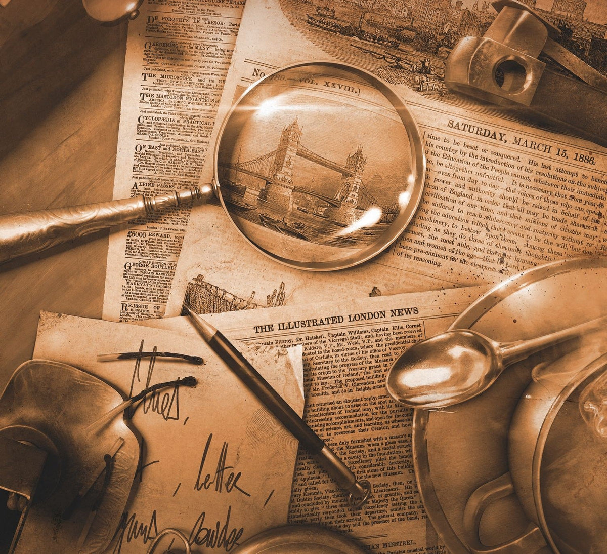Art from the game Sherlock Holmes Consulting Detective - a magnifying glass, tea set, and matches lay strewn across some old-timey newspapers
