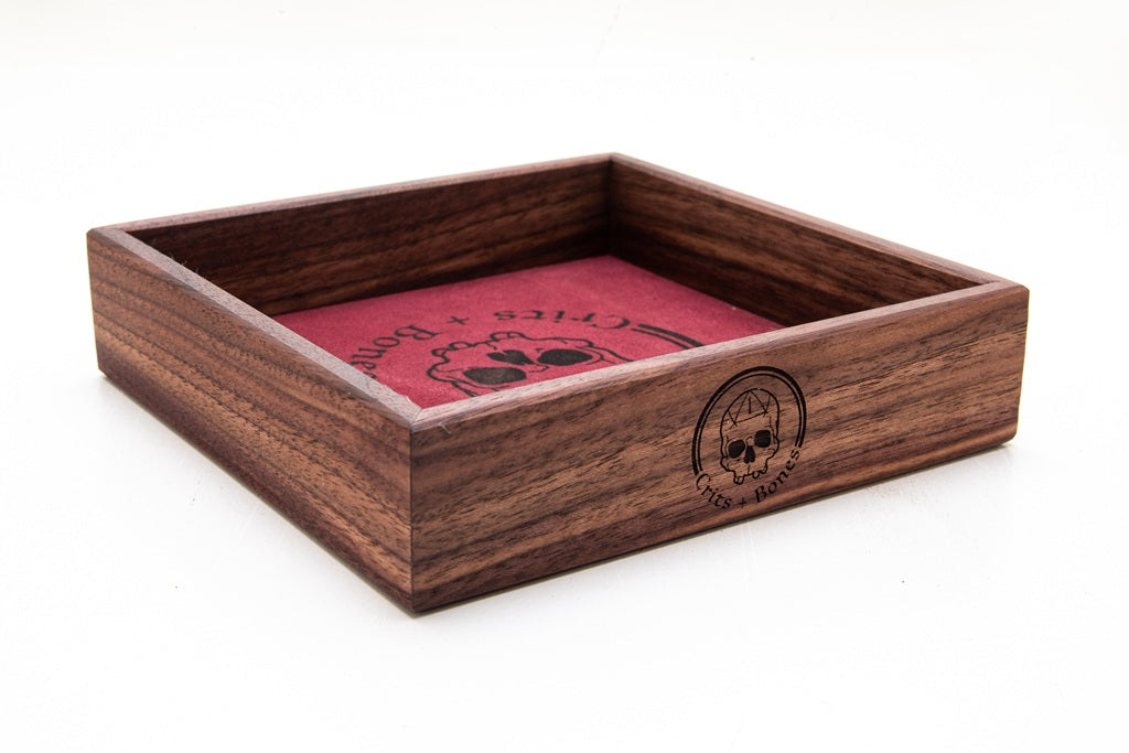 Handmade Dice Tray - Black Walnut Square with Wine Suede