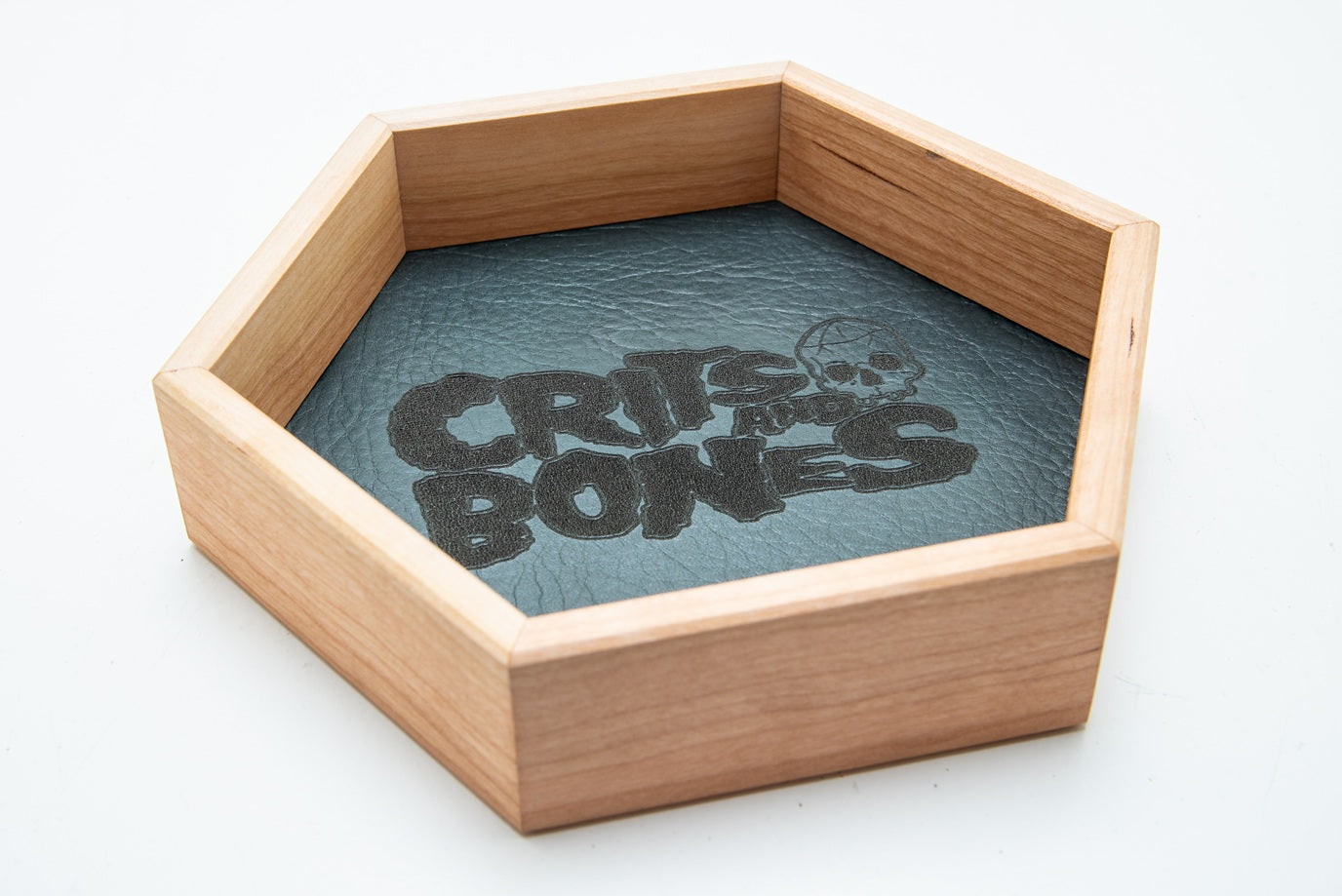 Handmade Dice Tray - Cherry Wood Hex with Black Leather