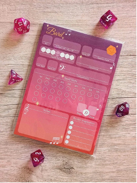 A6 D&D Class Character Sheet Note Pad - Bard